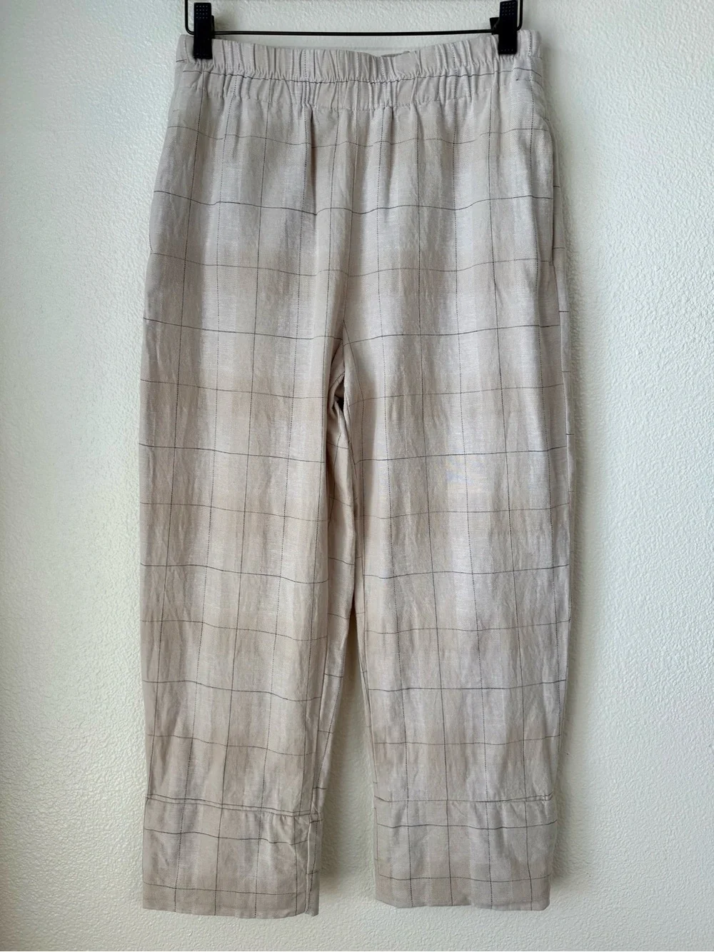 Zara Plaid Window Pain Cropped Cotton Linen Blend Pants-Cream Navy-Size Small